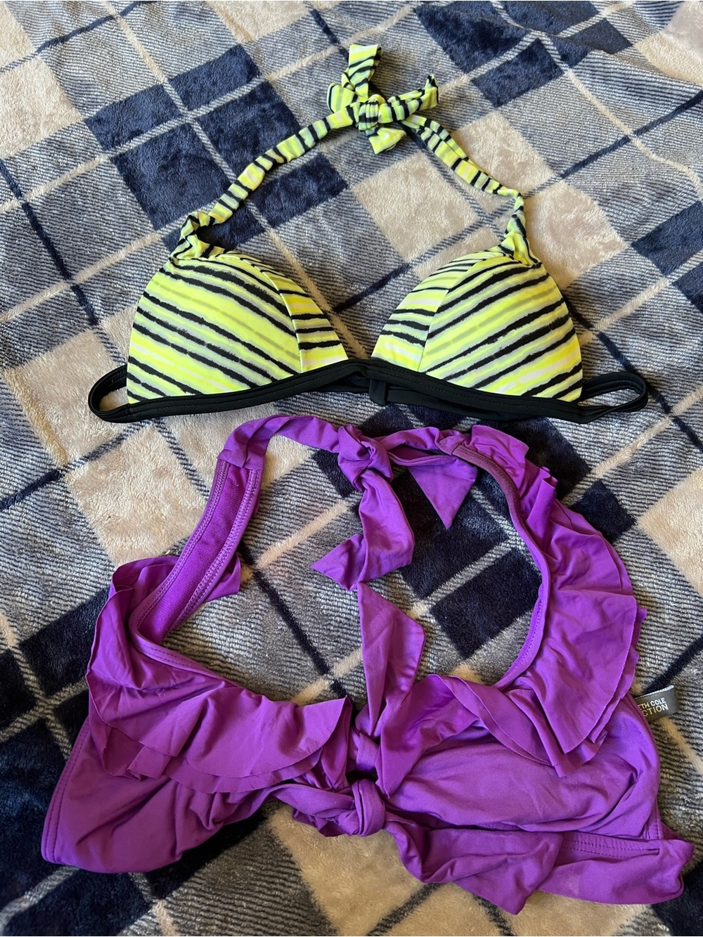 2 Women’s Neon Yellow Stripe Halter Bikini Top & Purple Swim Cover